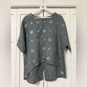 Camille & Co. Gray Polka Dot Top 100% Linen Hi-Lo hem Artsy Lagenlook Neutral